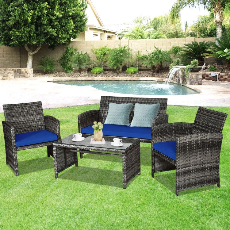 4 Pieces Patio Rattan Furniture Set with Glass Table and Loveseat - Renee Lane Company