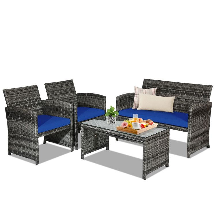 4 Pieces Patio Rattan Furniture Set with Glass Table and Loveseat - Renee Lane Company