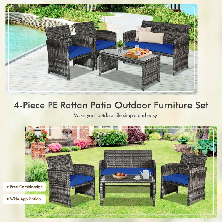 4 Pieces Patio Rattan Furniture Set with Glass Table and Loveseat - Renee Lane Company