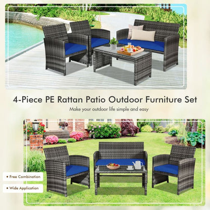 4 Pieces Patio Rattan Furniture Set with Glass Table and Loveseat - Renee Lane Company