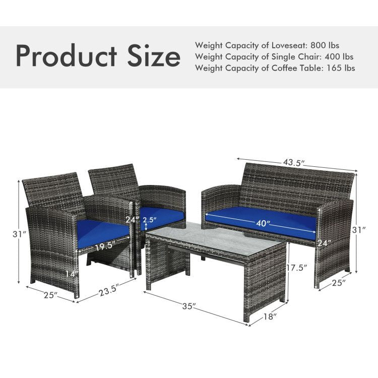 4 Pieces Patio Rattan Furniture Set with Glass Table and Loveseat - Renee Lane Company