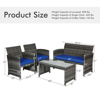4 Pieces Patio Rattan Furniture Set with Glass Table and Loveseat - Renee Lane Company