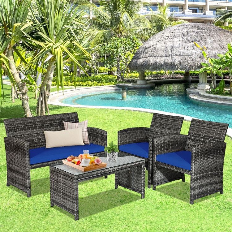 4 Pieces Patio Rattan Furniture Set with Glass Table and Loveseat - Renee Lane Company
