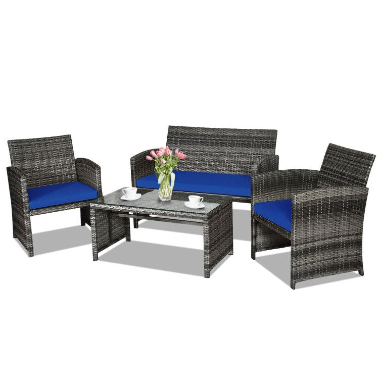 4 Pieces Patio Rattan Furniture Set with Glass Table and Loveseat - Renee Lane Company