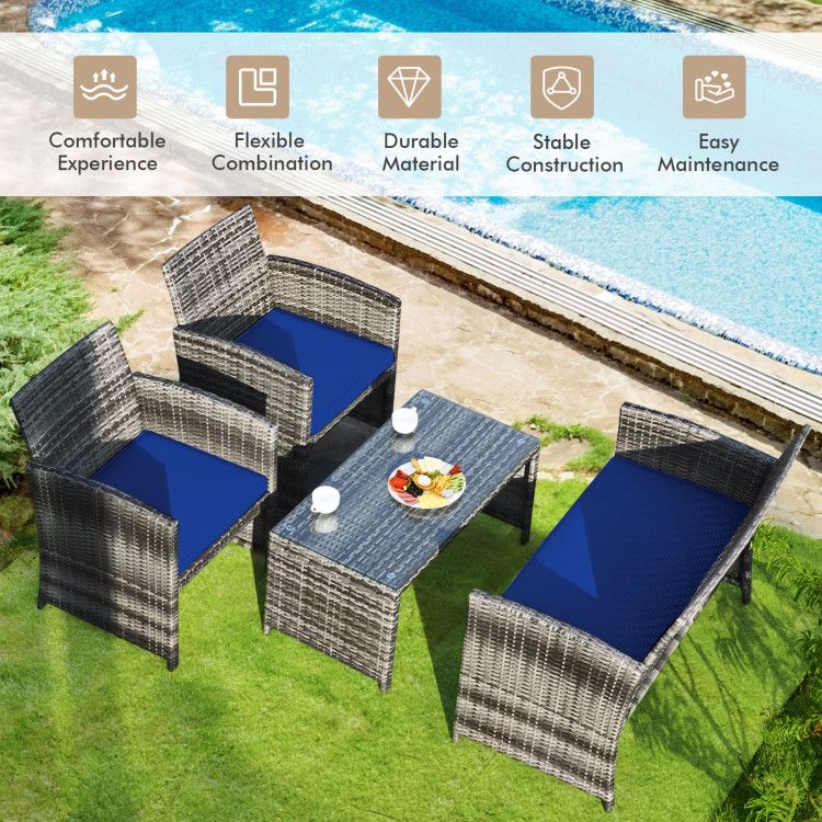 4 Pieces Patio Rattan Furniture Set with Glass Table and Loveseat - Renee Lane Company