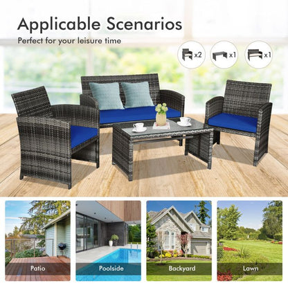 4 Pieces Patio Rattan Furniture Set with Glass Table and Loveseat - Renee Lane Company