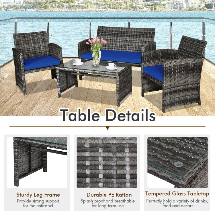 4 Pieces Patio Rattan Furniture Set with Glass Table and Loveseat - Renee Lane Company