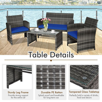 4 Pieces Patio Rattan Furniture Set with Glass Table and Loveseat - Renee Lane Company