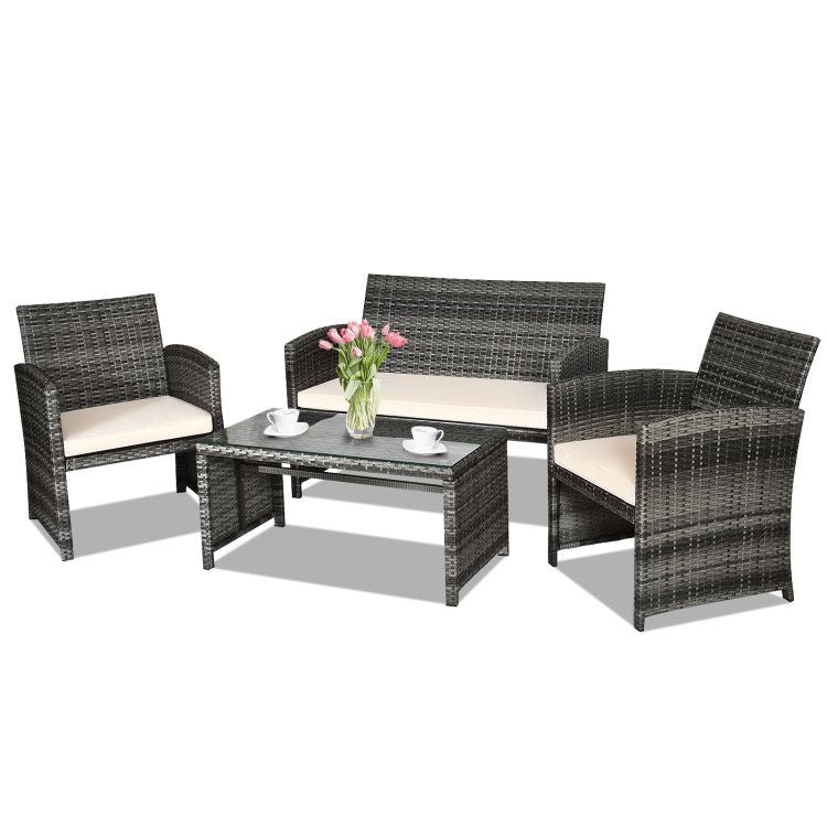 4 Pieces Patio Rattan Furniture Set with Glass Table and Loveseat - Renee Lane Company