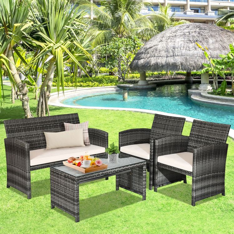 4 Pieces Patio Rattan Furniture Set with Glass Table and Loveseat - Renee Lane Company