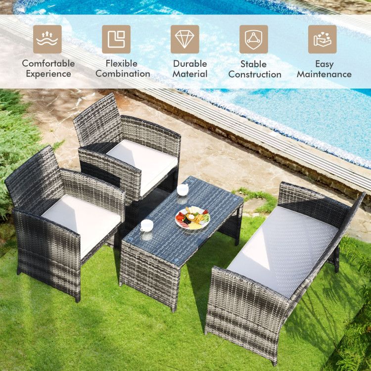 4 Pieces Patio Rattan Furniture Set with Glass Table and Loveseat - Renee Lane Company