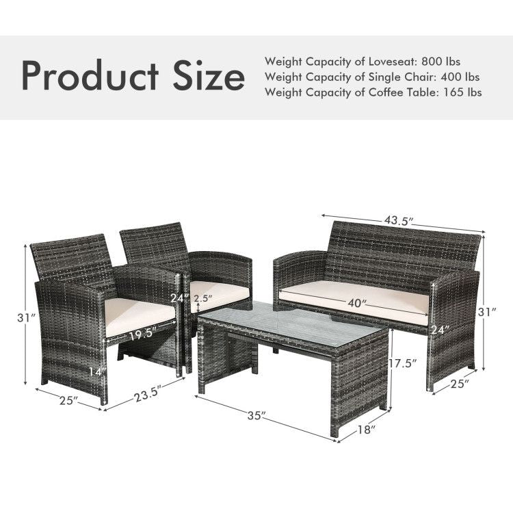 4 Pieces Patio Rattan Furniture Set with Glass Table and Loveseat - Renee Lane Company