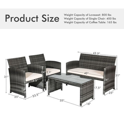 4 Pieces Patio Rattan Furniture Set with Glass Table and Loveseat - Renee Lane Company