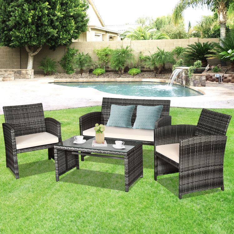 4 Pieces Patio Rattan Furniture Set with Glass Table and Loveseat - Renee Lane Company