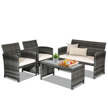 4 Pieces Patio Rattan Furniture Set with Glass Table and Loveseat - Renee Lane Company