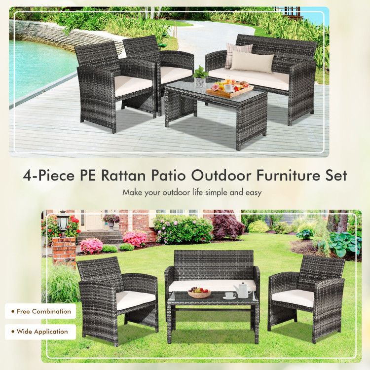 4 Pieces Patio Rattan Furniture Set with Glass Table and Loveseat - Renee Lane Company