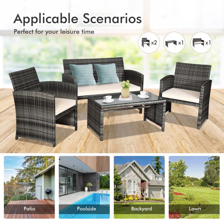 4 Pieces Patio Rattan Furniture Set with Glass Table and Loveseat - Renee Lane Company