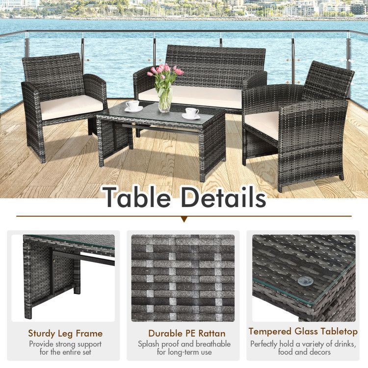 4 Pieces Patio Rattan Furniture Set with Glass Table and Loveseat - Renee Lane Company