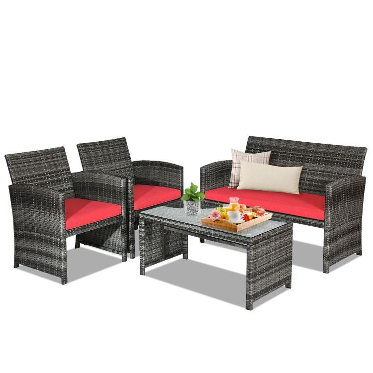 4 Pieces Patio Rattan Furniture Set with Glass Table and Loveseat - Renee Lane Company