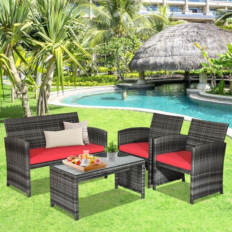4 Pieces Patio Rattan Furniture Set with Glass Table and Loveseat - Renee Lane Company