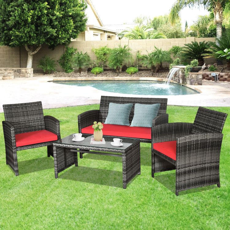 4 Pieces Patio Rattan Furniture Set with Glass Table and Loveseat - Renee Lane Company