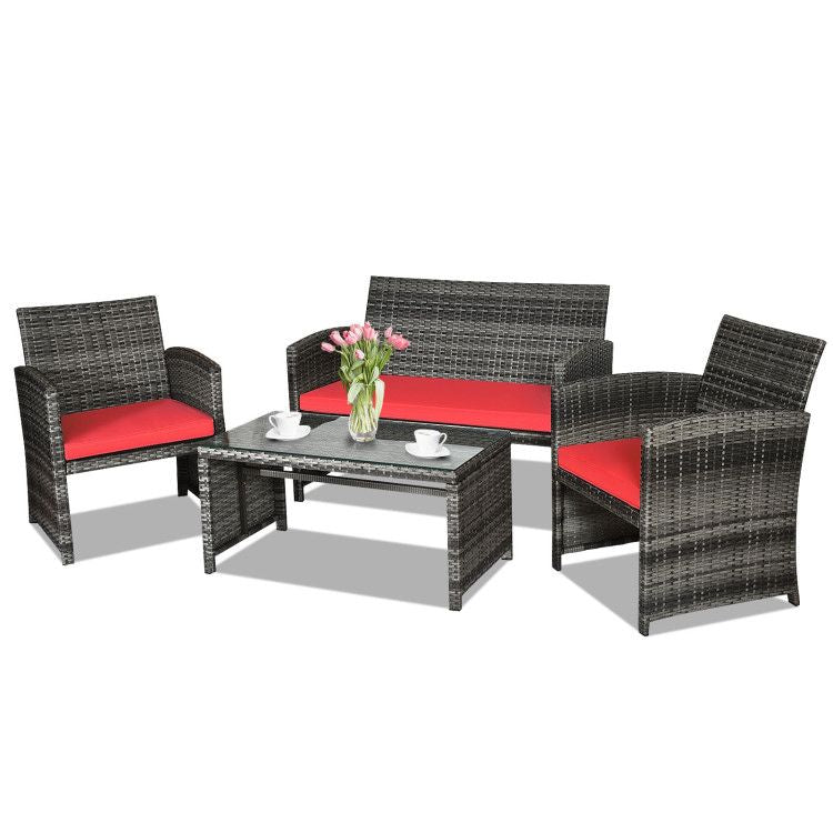 4 Pieces Patio Rattan Furniture Set with Glass Table and Loveseat - Renee Lane Company