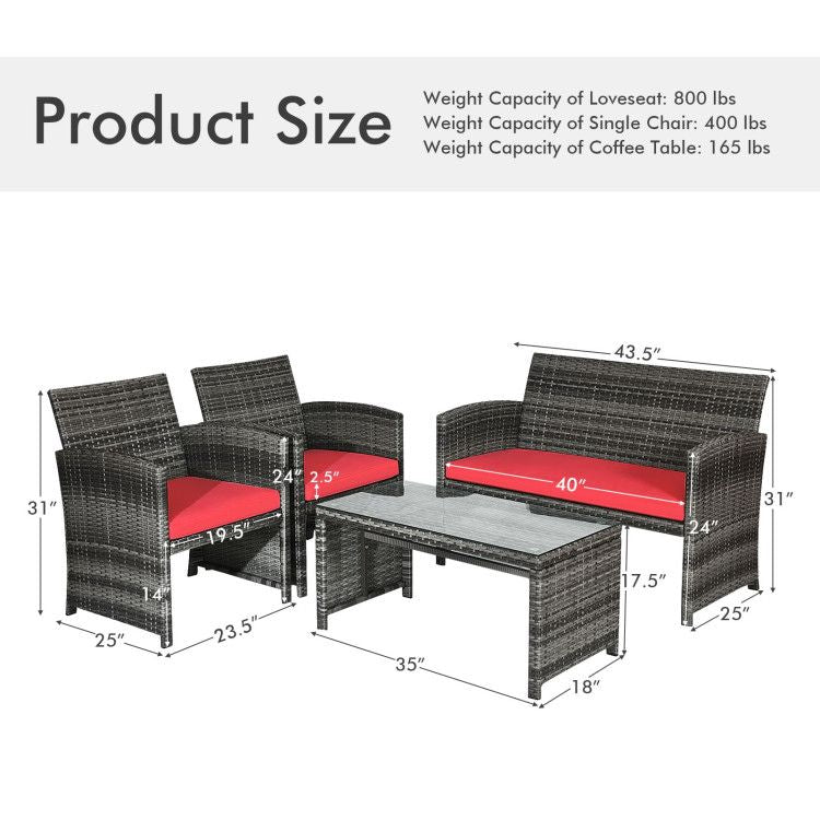 4 Pieces Patio Rattan Furniture Set with Glass Table and Loveseat - Renee Lane Company