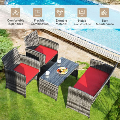 4 Pieces Patio Rattan Furniture Set with Glass Table and Loveseat - Renee Lane Company