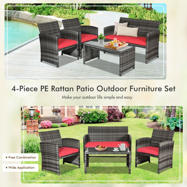 4 Pieces Patio Rattan Furniture Set with Glass Table and Loveseat - Renee Lane Company