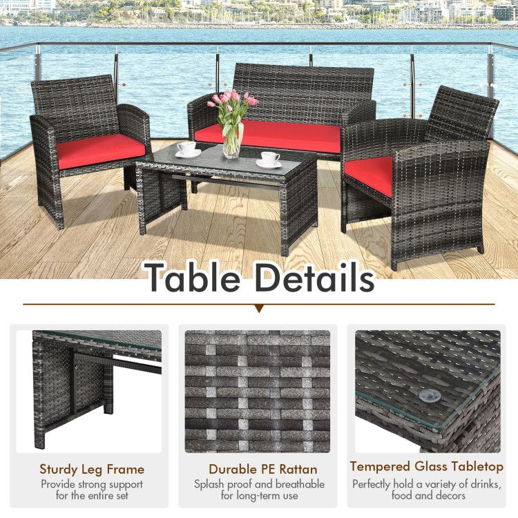4 Pieces Patio Rattan Furniture Set with Glass Table and Loveseat - Renee Lane Company
