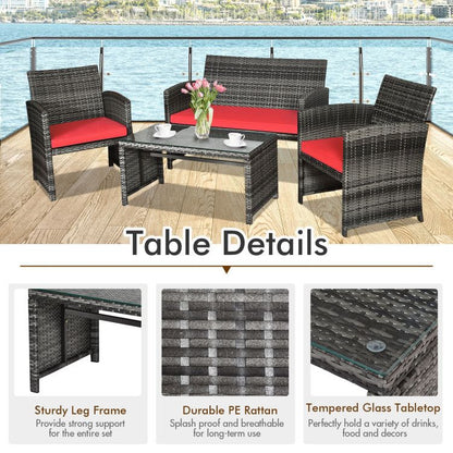 4 Pieces Patio Rattan Furniture Set with Glass Table and Loveseat - Renee Lane Company