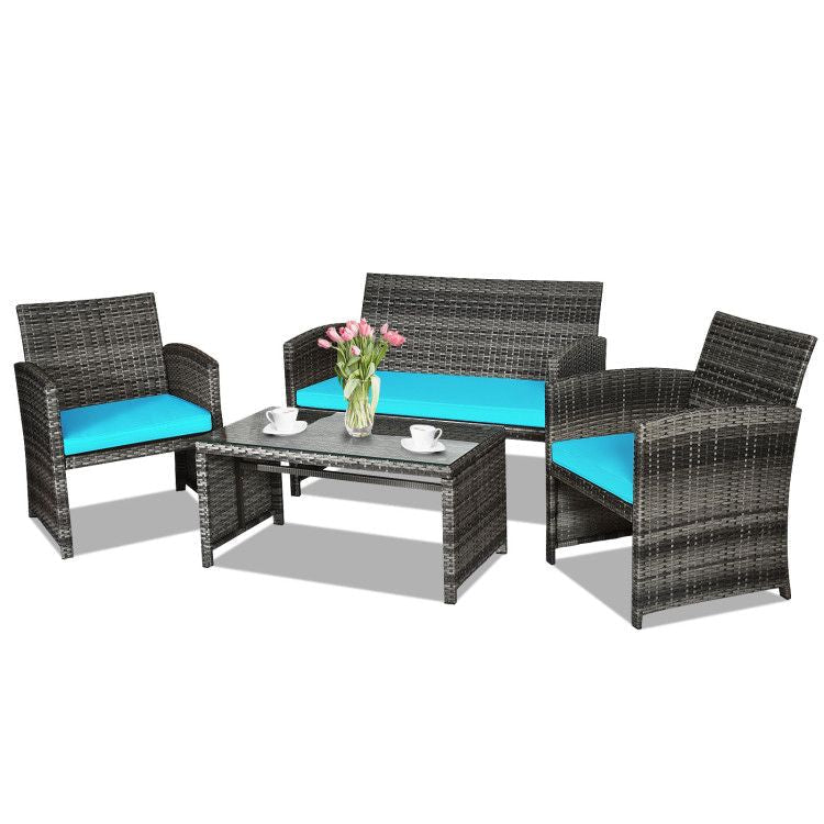 4 Pieces Patio Rattan Furniture Set with Glass Table and Loveseat - Renee Lane Company