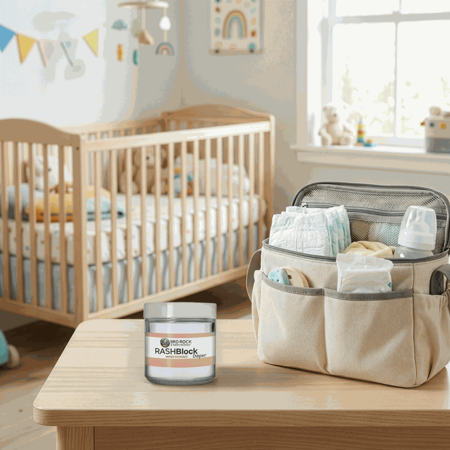 Diaper gel jar on a changing table beside a fabric diaper caddy