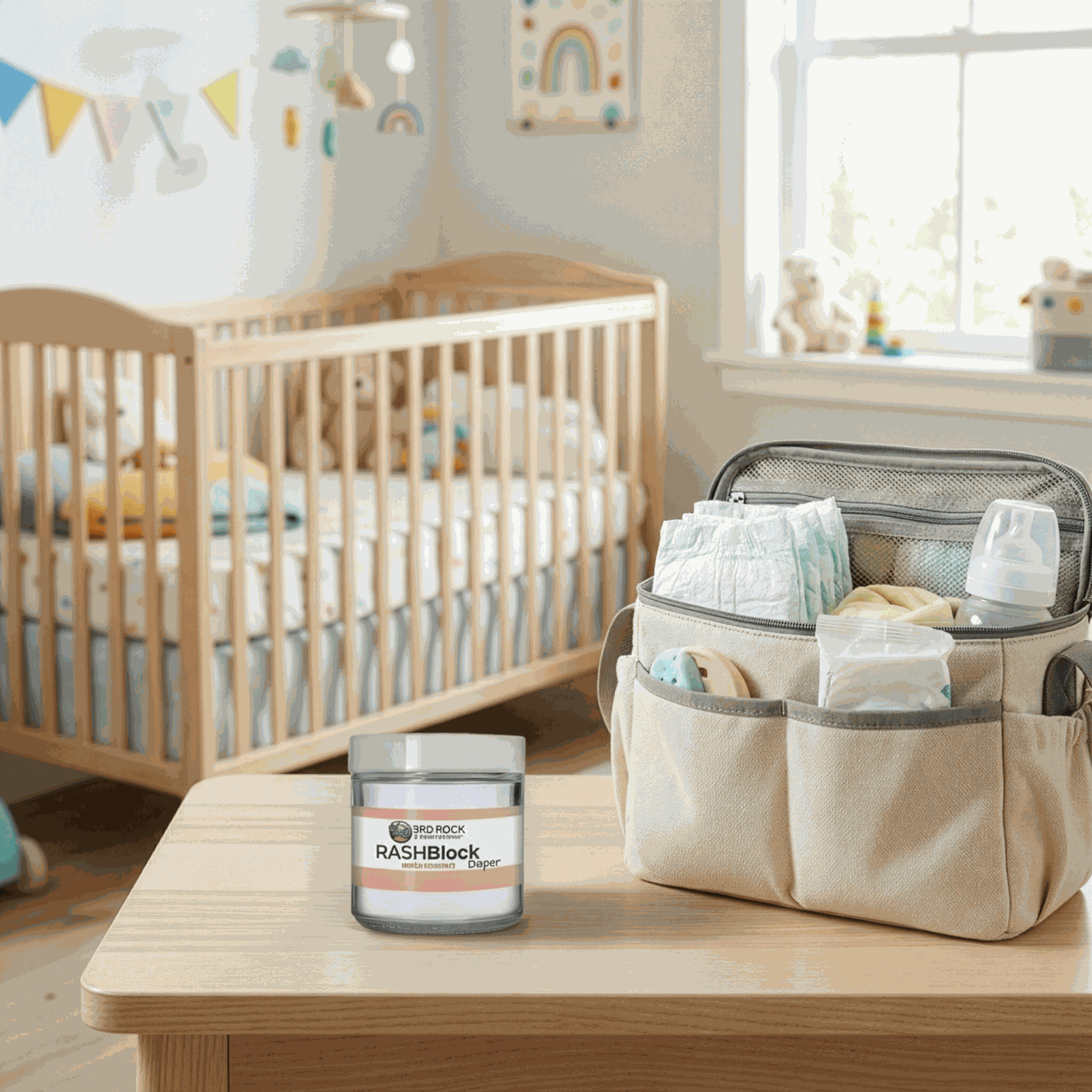 Diaper gel jar on a changing table beside a fabric diaper caddy