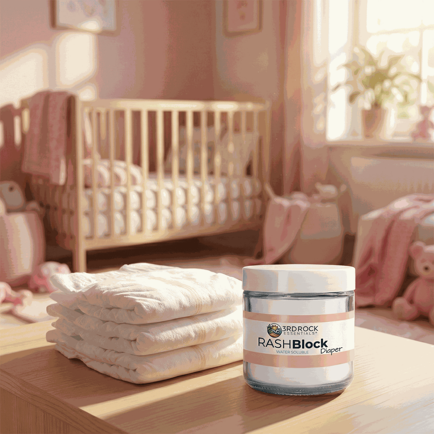 RASHBlock Diaper water-soluble ointment jar on tabletop near folded diapers