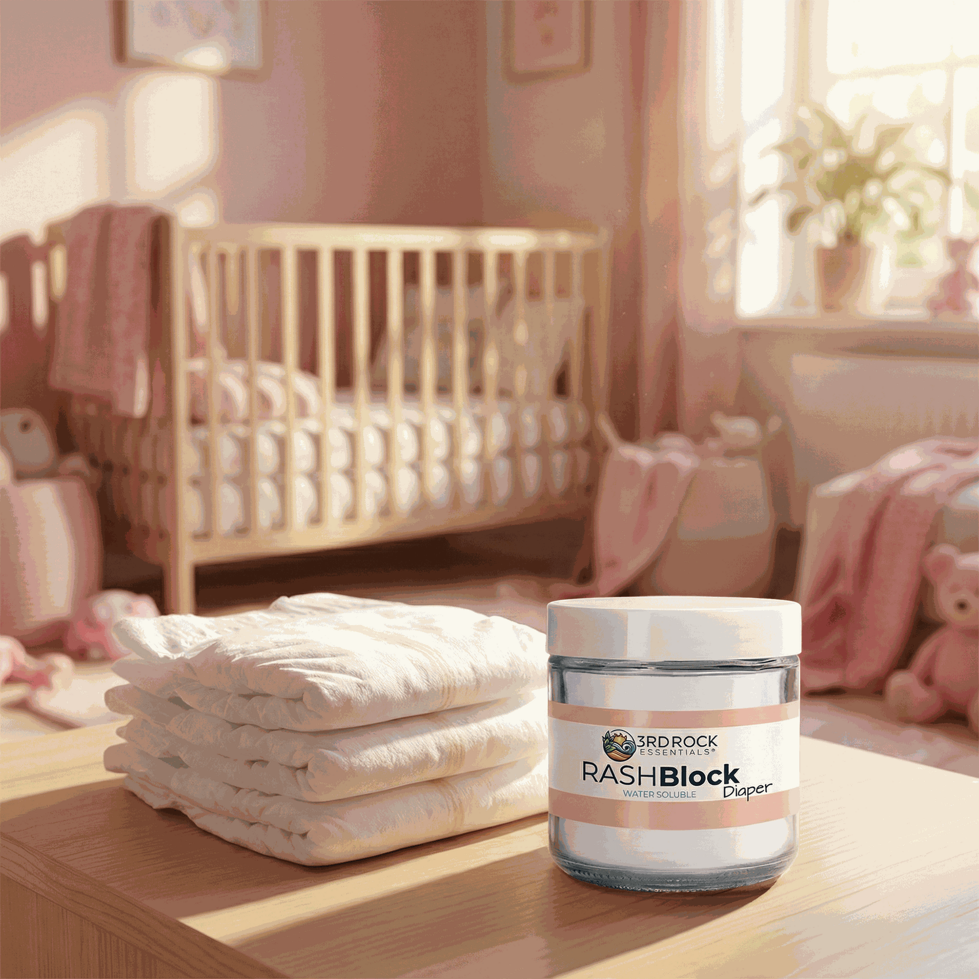 RASHBlock Diaper water-soluble ointment jar on tabletop near folded diapers