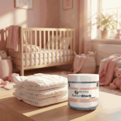 RASHBlock Diaper water-soluble ointment jar on tabletop near folded diapers