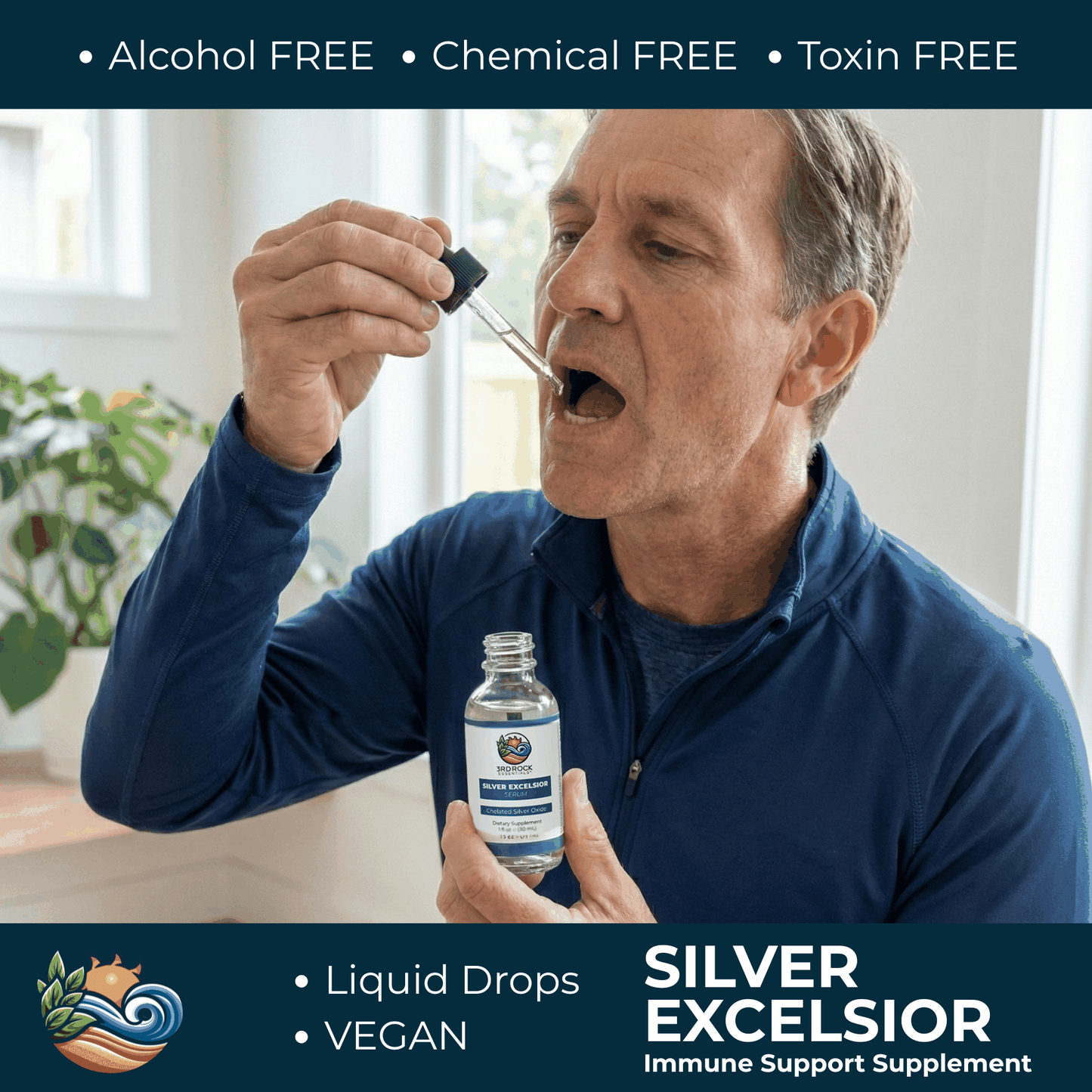 Silver serum supplement bottle with black dropper near a drink