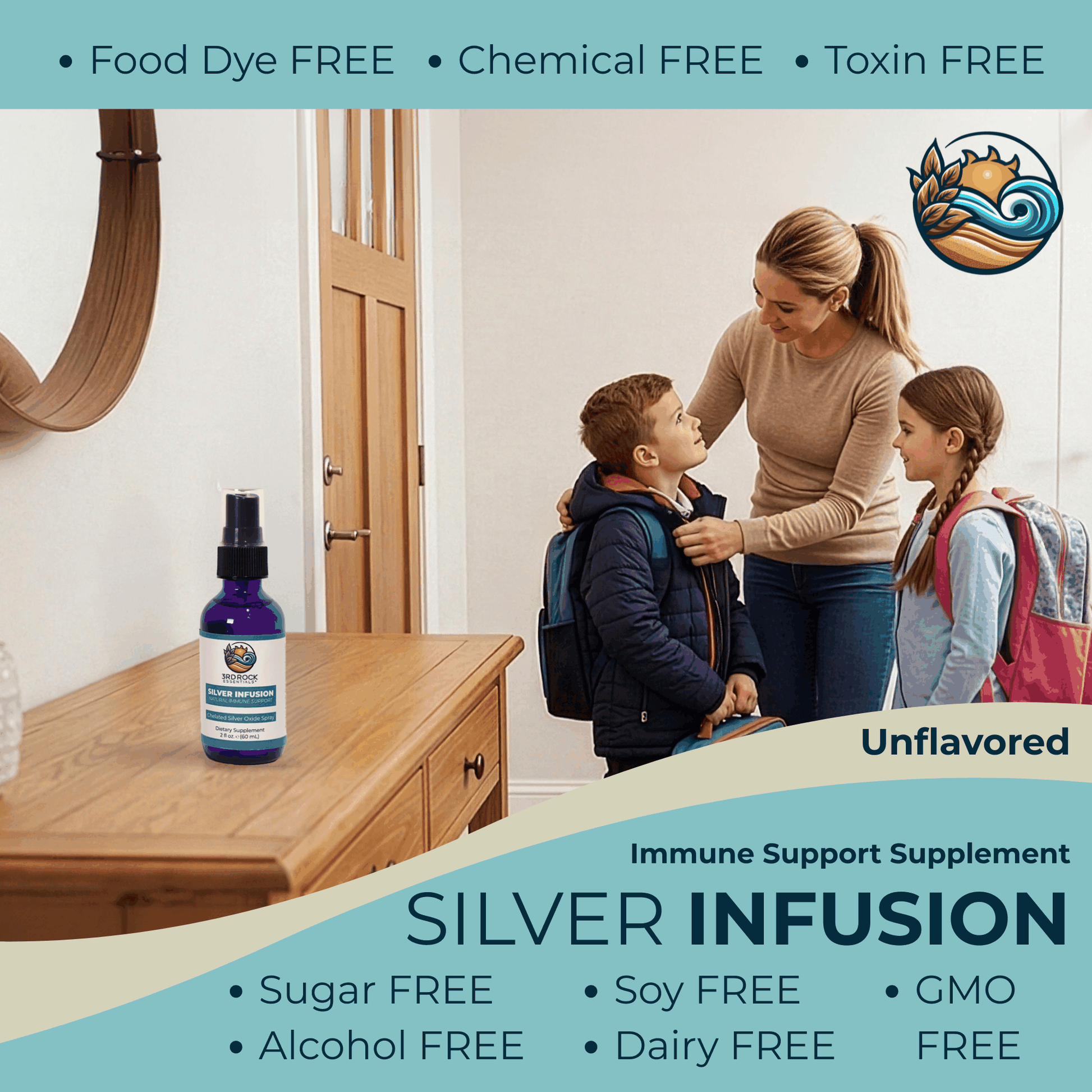 Silver infusion spray bottle with black mist pump on a wooden cabinet.
