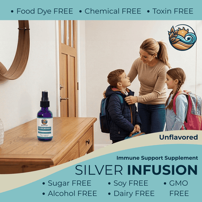Silver infusion spray bottle with black mist pump on a wooden cabinet.