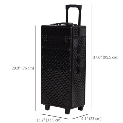 4 in 1 Makeup Train Case Portable Aluminum Rolling Cosmetic Organizer Trolley with Wheels Multiple Compartments Black - Renee Lane Company