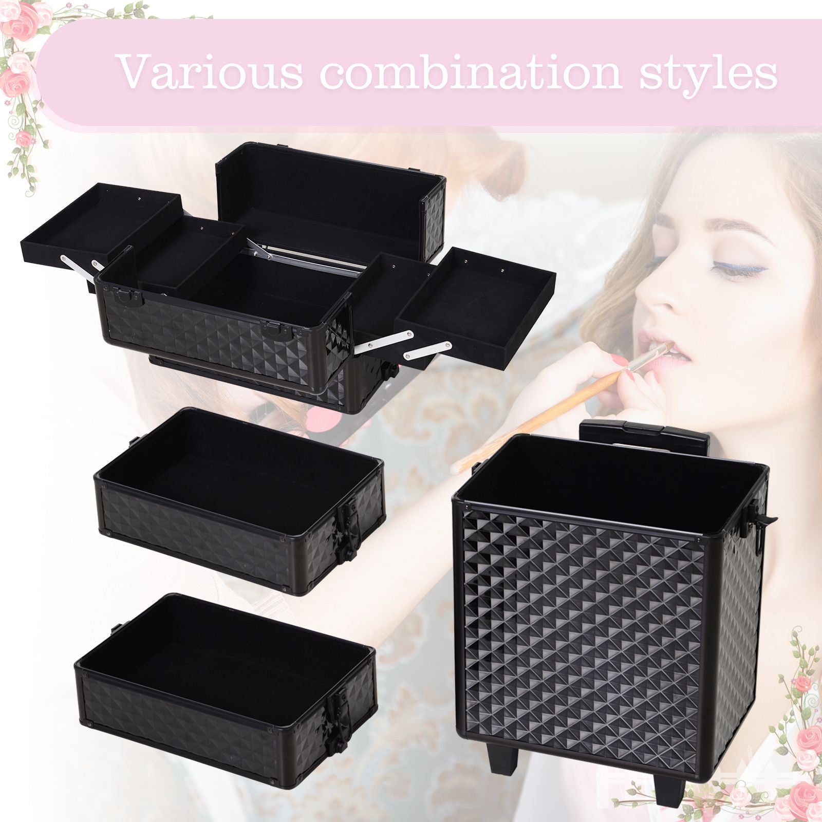 4 in 1 Makeup Train Case Portable Aluminum Rolling Cosmetic Organizer Trolley with Wheels Multiple Compartments Black - Renee Lane Company