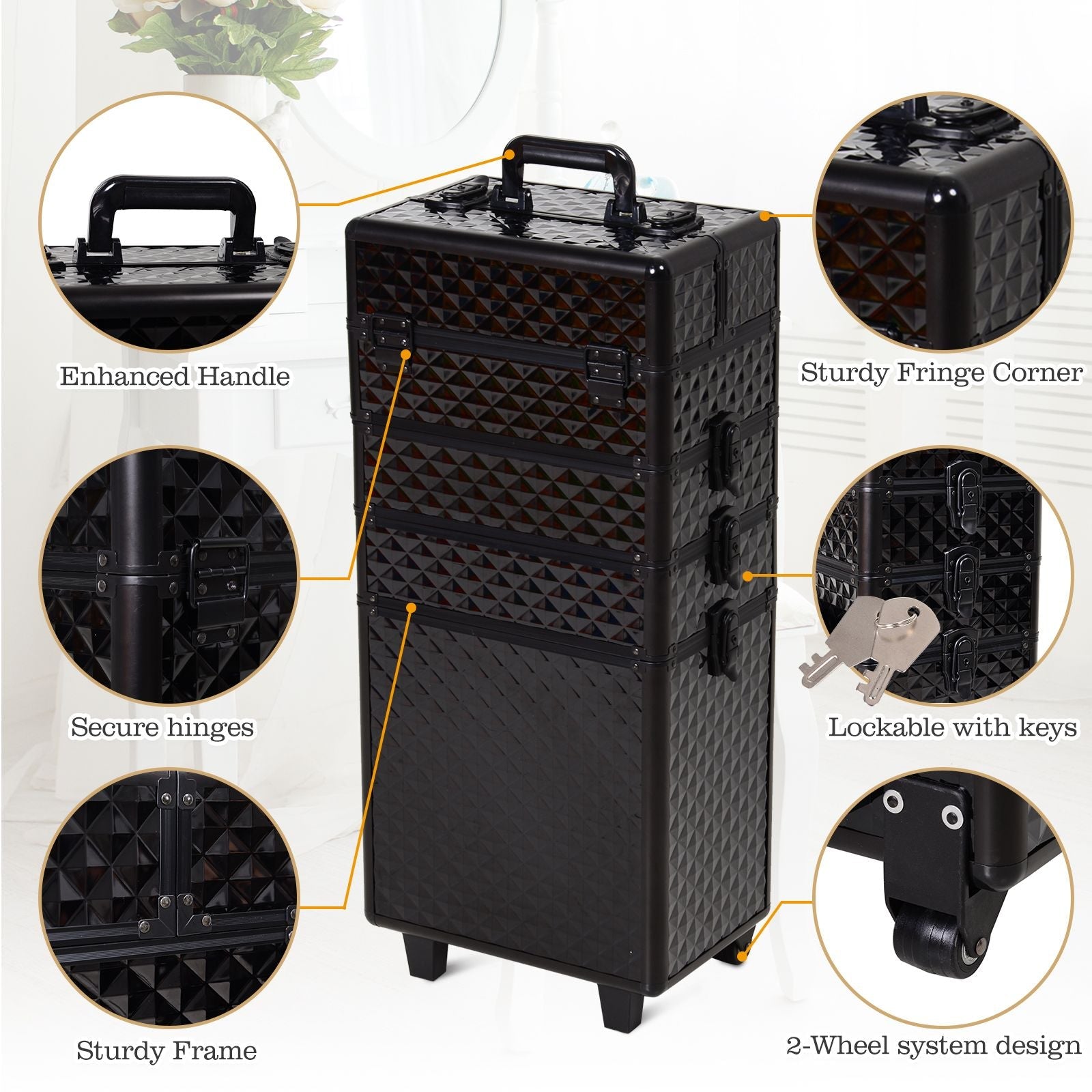 4 in 1 Makeup Train Case Portable Aluminum Rolling Cosmetic Organizer Trolley with Wheels Multiple Compartments Black - Renee Lane Company