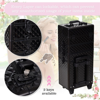 4 in 1 Makeup Train Case Portable Aluminum Rolling Cosmetic Organizer Trolley with Wheels Multiple Compartments Black - Renee Lane Company