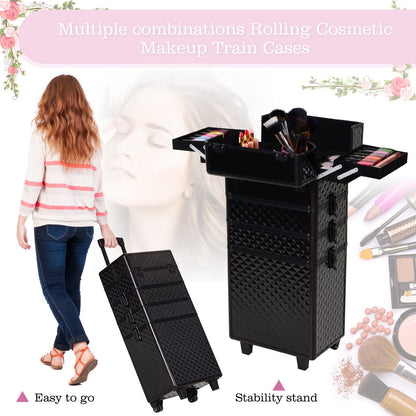 4 in 1 Makeup Train Case Portable Aluminum Rolling Cosmetic Organizer Trolley with Wheels Multiple Compartments Black - Renee Lane Company