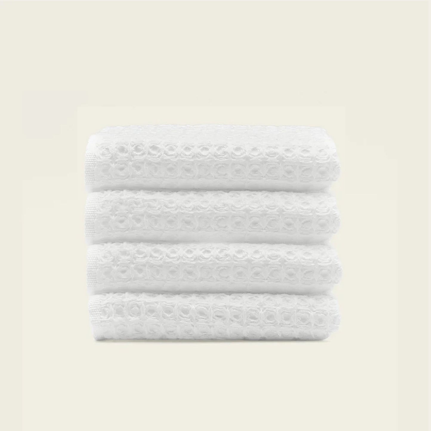 Sedona cotton waffle towels, white folded stack with waffle texture