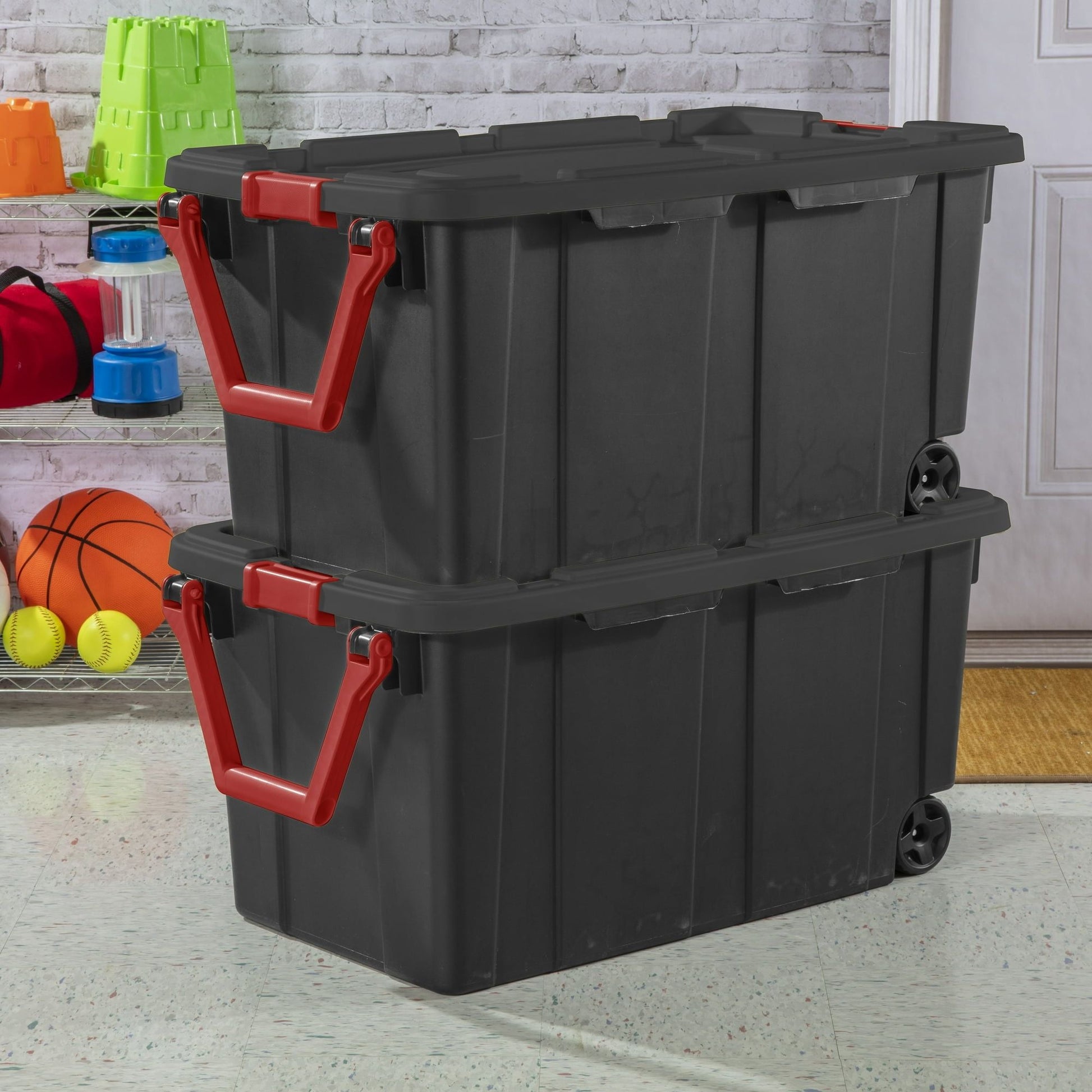 40 Gallon Wheeled Plastic Storage Container with Handle, Black, Pack of 2, Industrial - Renee Lane Company
