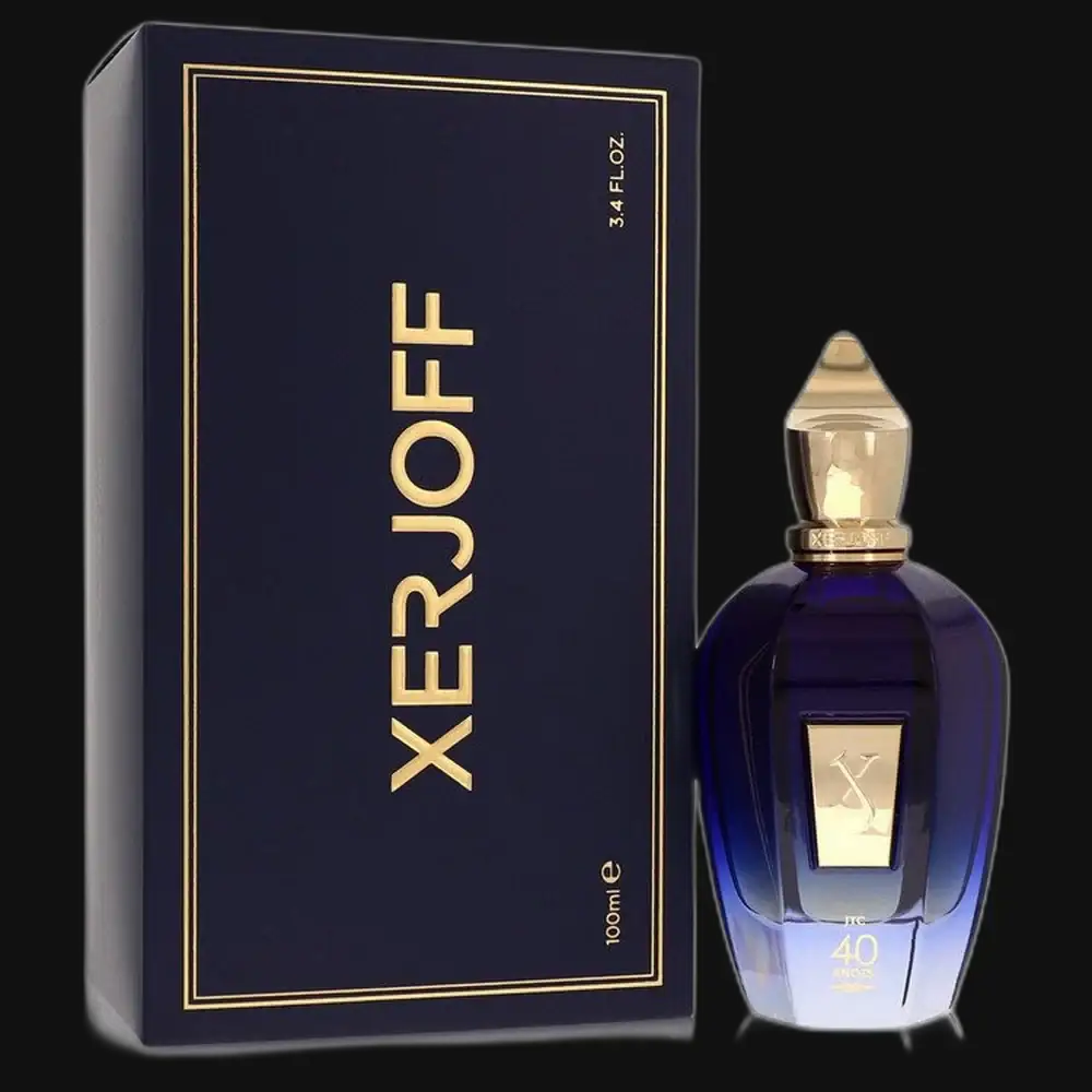 Xerjoff 40 Knots unisex perfume bottle with gold cap, shown with navy box