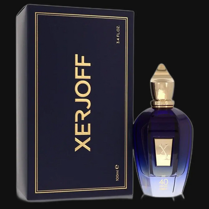 Xerjoff 40 Knots unisex perfume bottle with gold cap, shown with navy box
