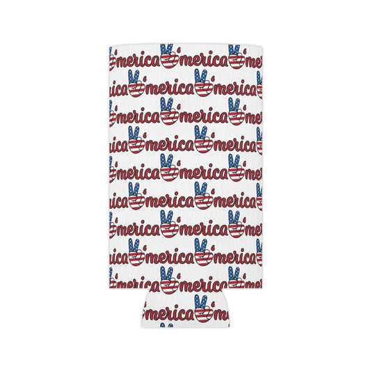 White can cooler sleeve with repeating America peace sign pattern in red and blue